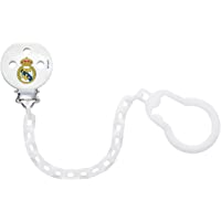 NUK- Cadena Sujeta Chupete del Real Madrid para Bebé- Plástico- con Clip Metálico- Color Blanco